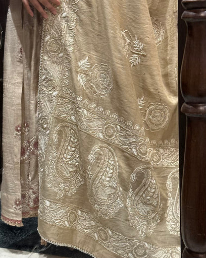 Natural Shade Fine Chikankari Ari Tissue Silk Dupatta