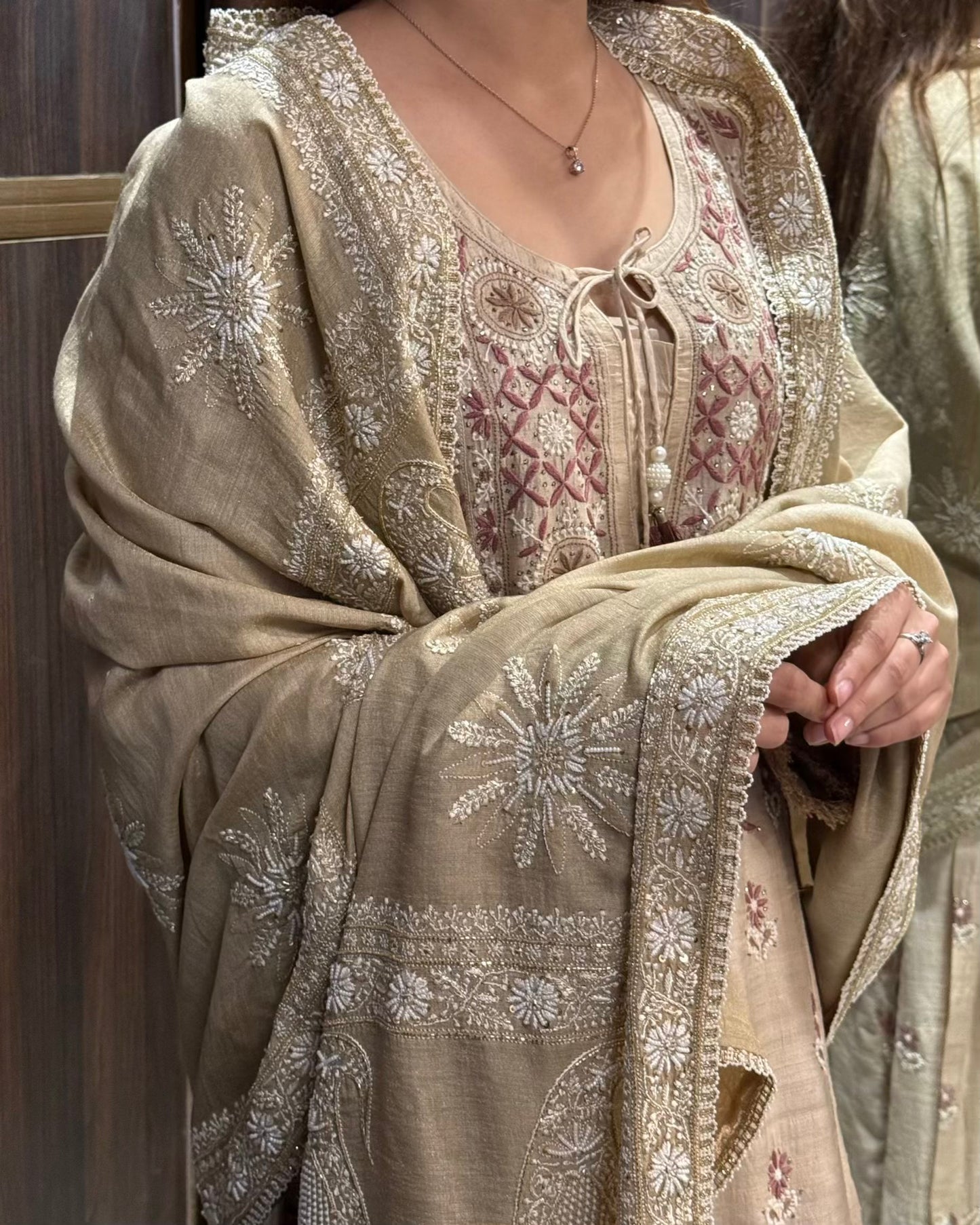 Natural Shade Fine Chikankari Ari Tissue Silk Dupatta