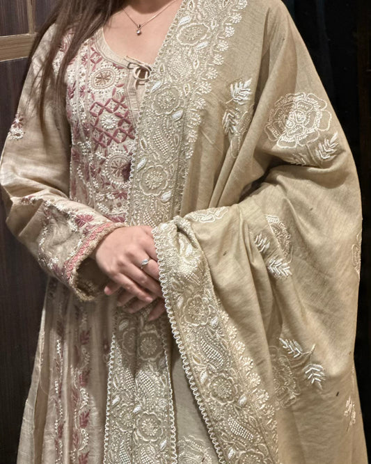Natural Shade Fine Chikankari Ari Tissue Silk Dupatta