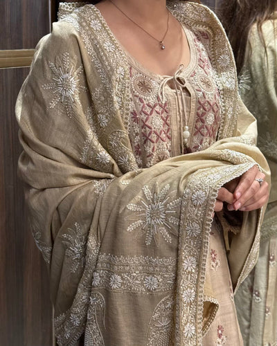 Natural Beige Shade Fine Chikankari Ari Tissue Silk Dupatta