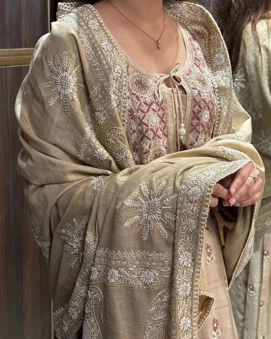 Natural Beige Shade Fine Chikankari Ari Tissue Silk Dupatta