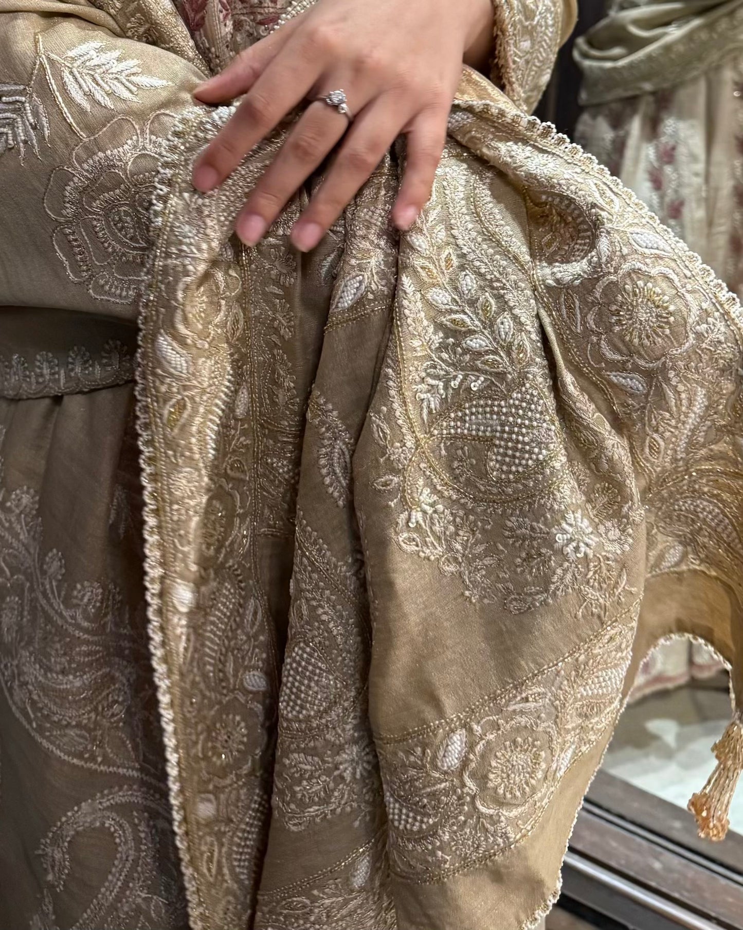 Natural Shade Fine Chikankari Ari Tissue Silk Dupatta