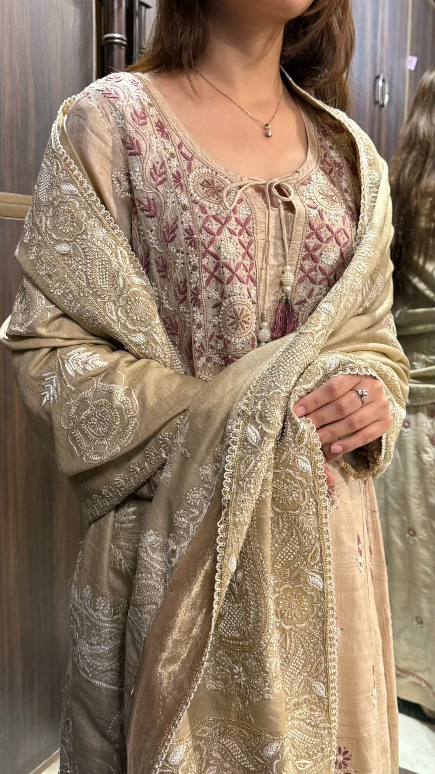 Natural Shade Fine Chikankari Ari Tissue Silk Dupatta