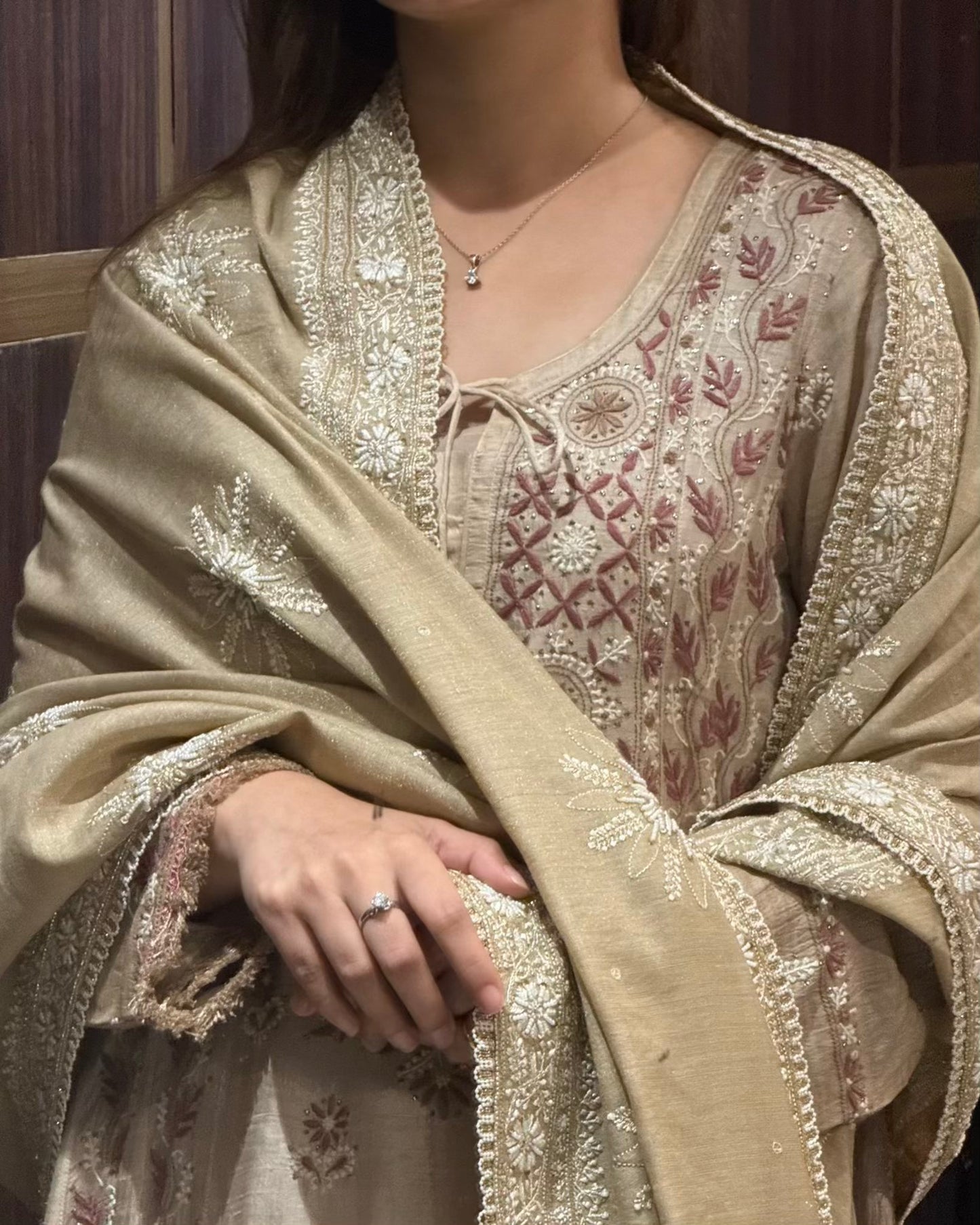 Natural Shade Fine Chikankari Ari Tissue Silk Dupatta
