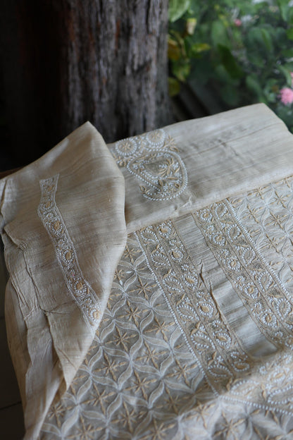 Natural Shade Tussar Silk All Over Front Chikankari Men’s Kurta Fabric