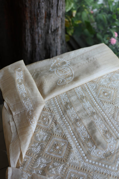 Natural Shade Tussar Silk All Over Front Chikankari Men’s Kurta Fabric