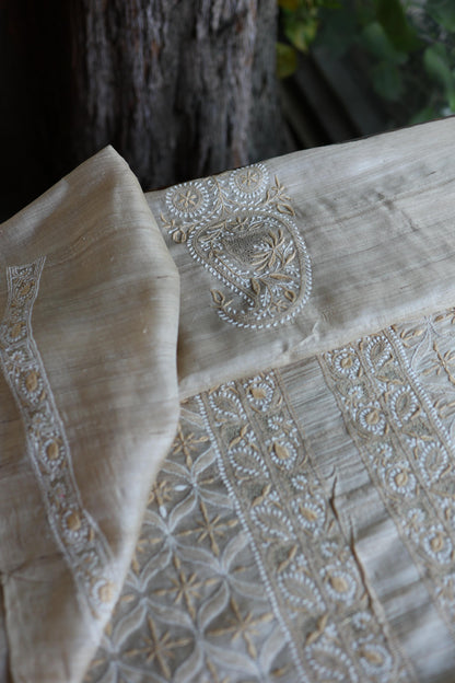 Natural Shade Tussar Silk All Over Front Chikankari Men’s Kurta Fabric