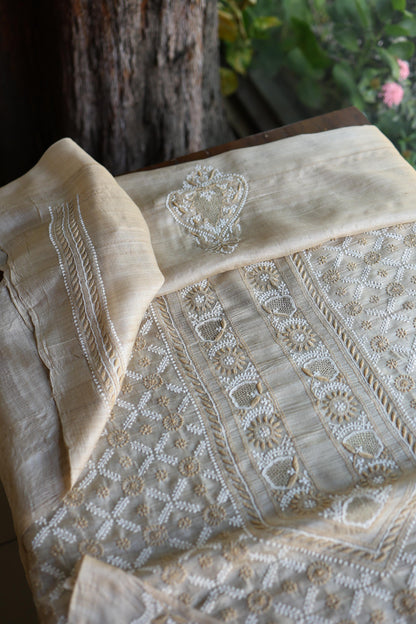 Natural Shade Tussar Silk All Over Front Chikankari Men’s Kurta Fabric