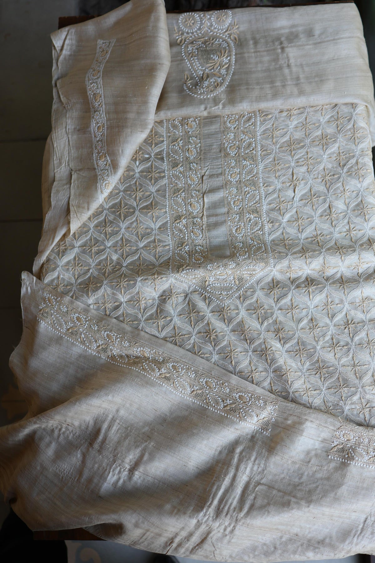 Natural Shade Tussar Silk All Over Front Chikankari Men’s Kurta Fabric