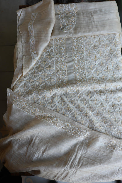Natural Shade Tussar Silk All Over Front Chikankari Men’s Kurta Fabric
