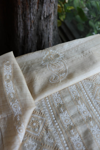 Natural Shade Tussar Silk All Over Front Chikankari Men’s Kurta Fabric