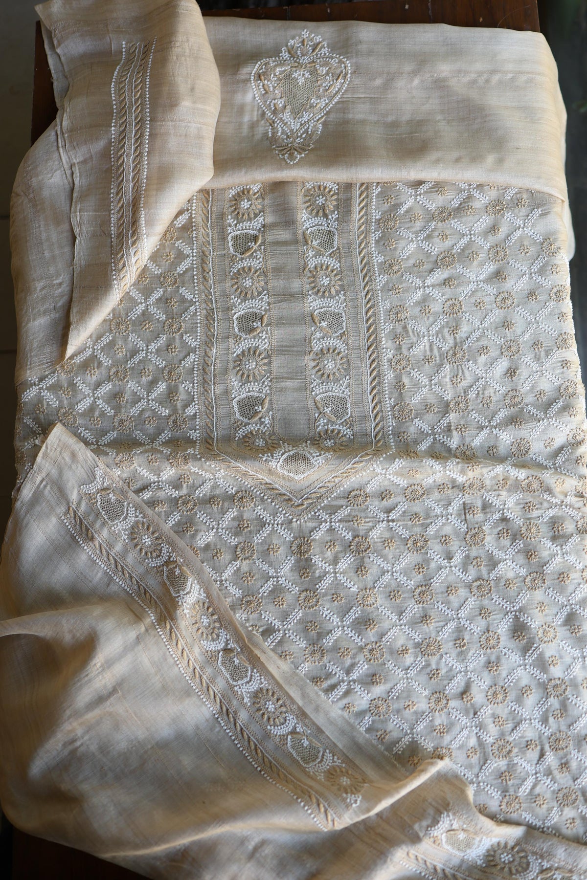 Natural Shade Tussar Silk All Over Front Chikankari Men’s Kurta Fabric