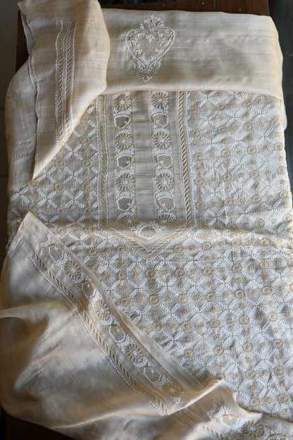 Natural Shade Tussar Silk All Over Front Chikankari Men’s Kurta Fabric
