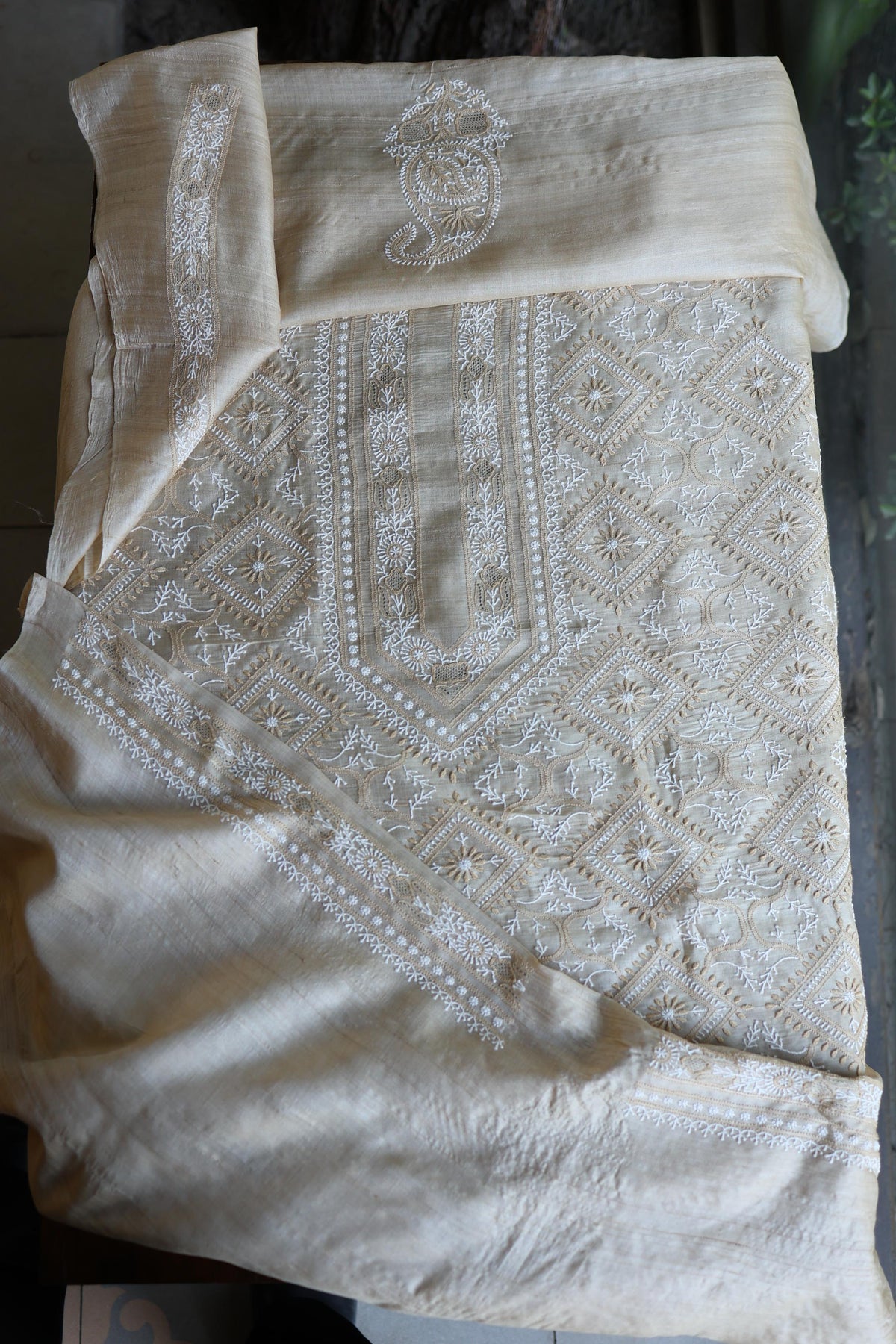 Natural Shade Tussar Silk All Over Front Chikankari Men’s Kurta Fabric