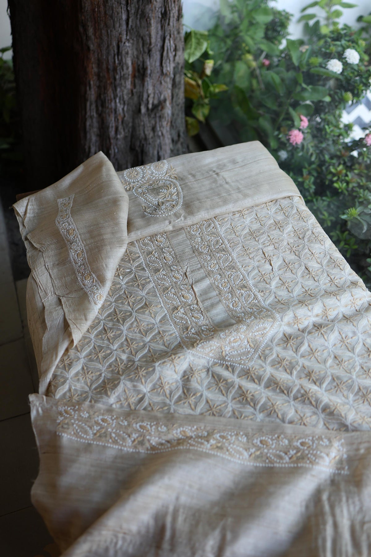 Natural Shade Tussar Silk All Over Front Chikankari Men’s Kurta Fabric