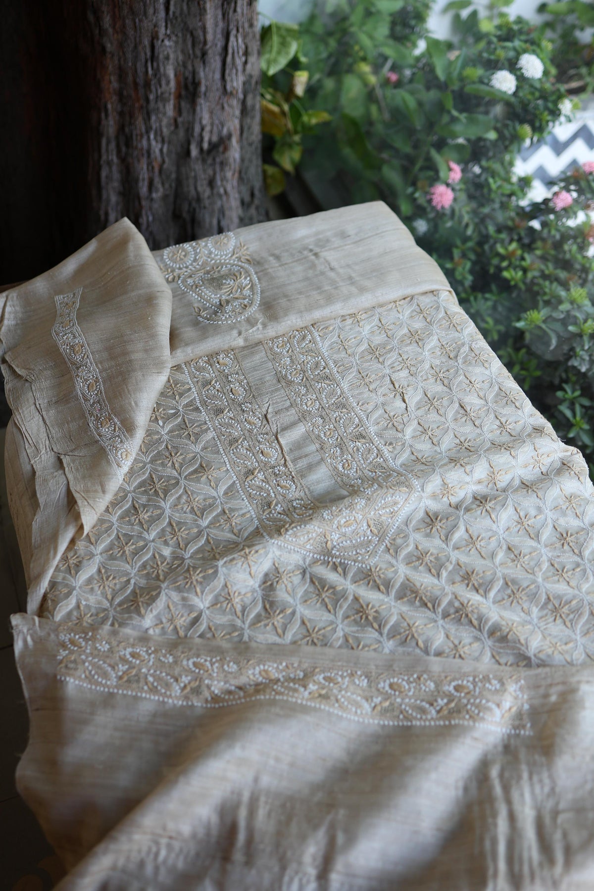Natural Shade Tussar Silk All Over Front Chikankari Men’s Kurta Fabric