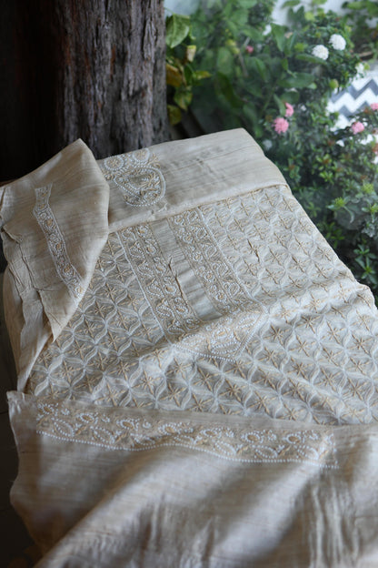 Natural Shade Tussar Silk All Over Front Chikankari Men’s Kurta Fabric