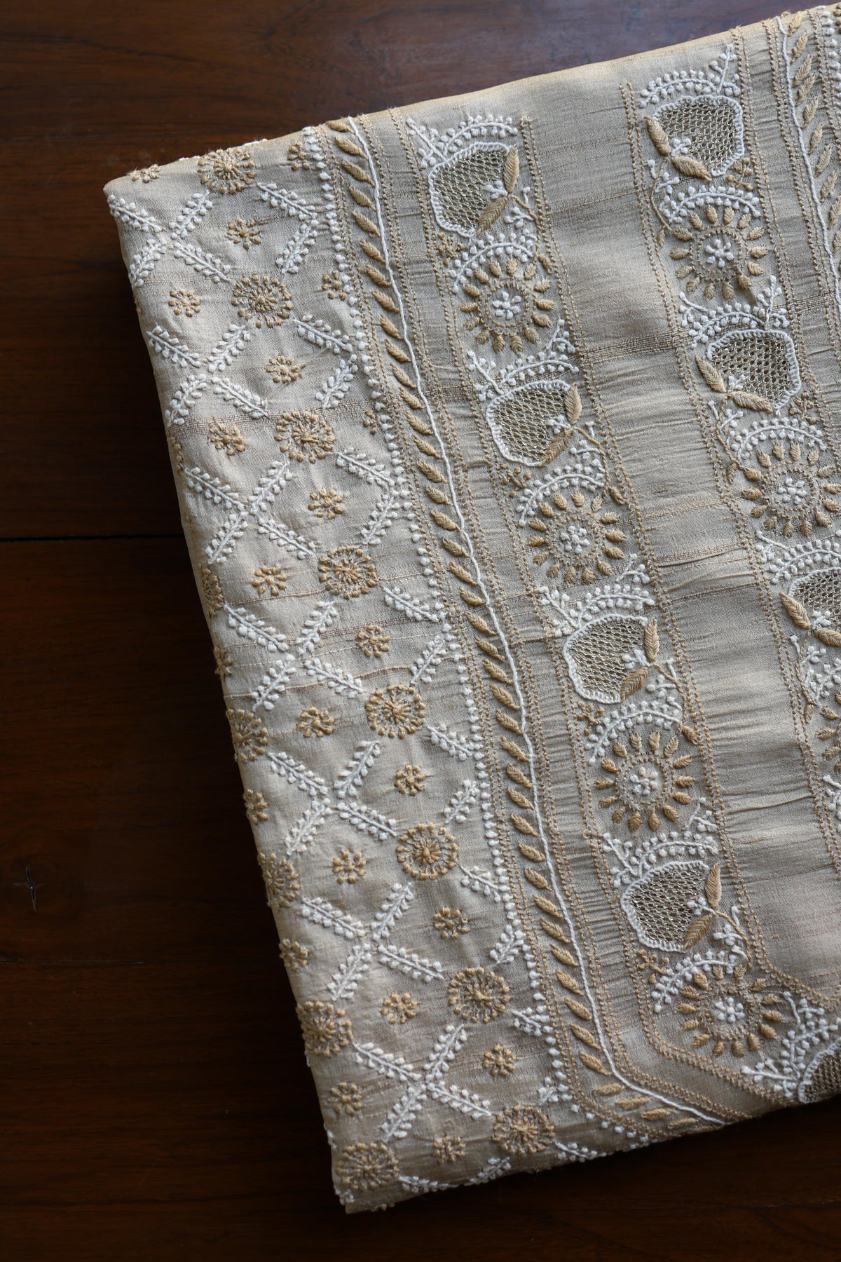 Natural Shade Tussar Silk All Over Front Chikankari Men’s Kurta Fabric