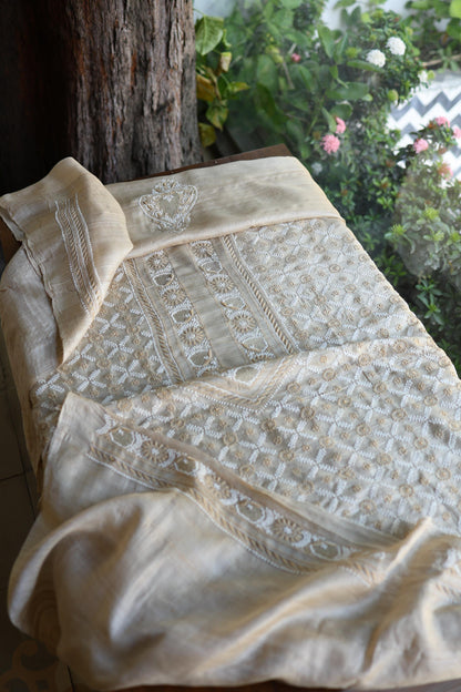 Natural Shade Tussar Silk All Over Front Chikankari Men’s Kurta Fabric