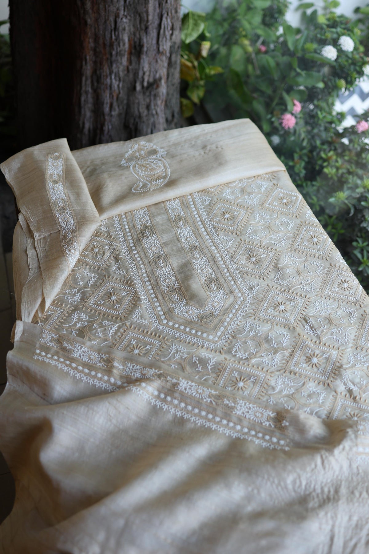 Natural Shade Tussar Silk All Over Front Chikankari Men’s Kurta Fabric