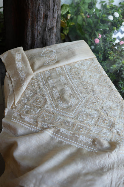 Natural Shade Tussar Silk All Over Front Chikankari Men’s Kurta Fabric
