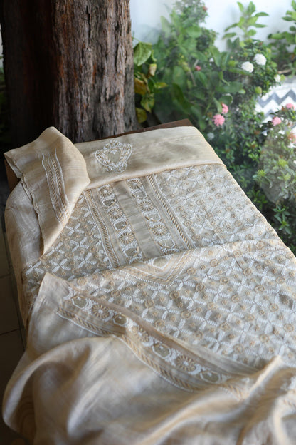 Natural Shade Tussar Silk All Over Front Chikankari Men’s Kurta Fabric