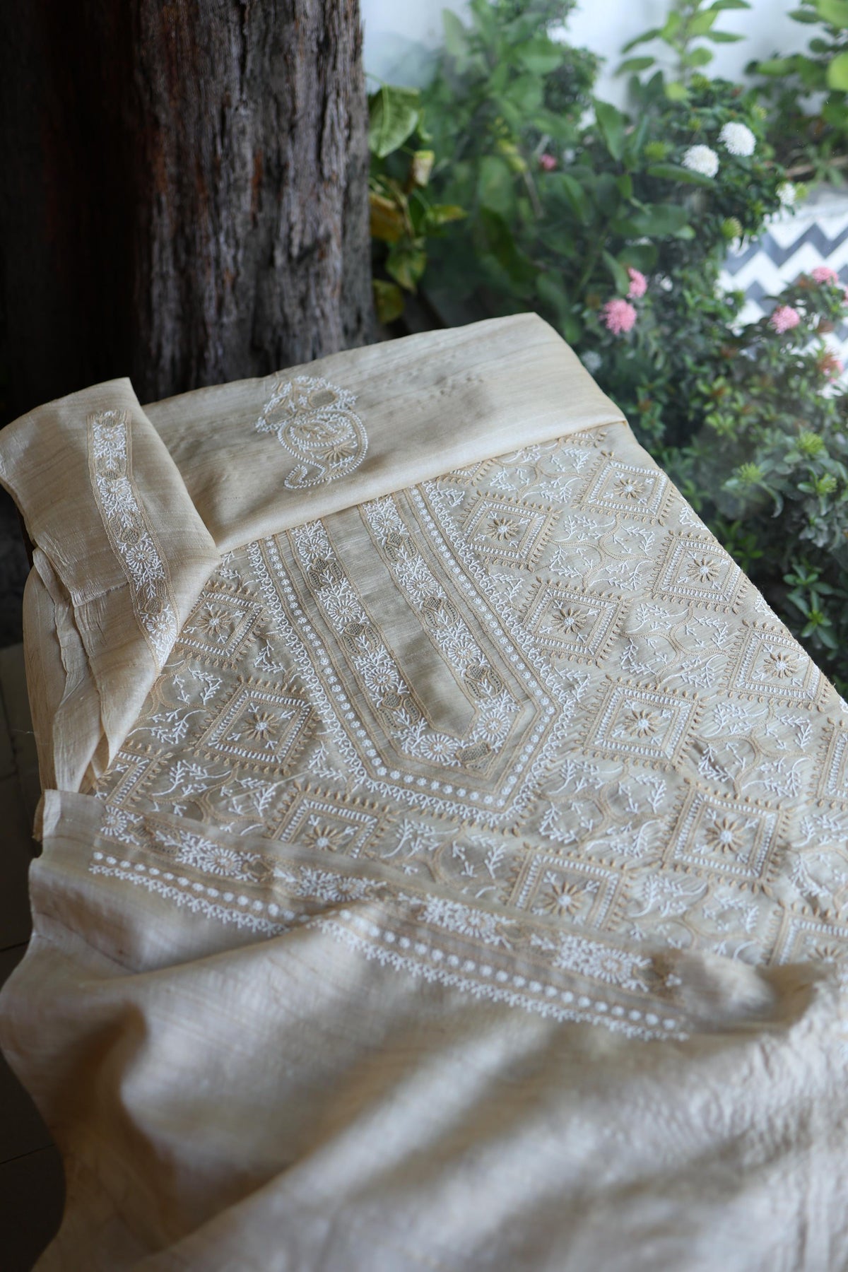 Natural Shade Tussar Silk All Over Front Chikankari Men’s Kurta Fabric