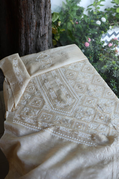 Natural Shade Tussar Silk All Over Front Chikankari Men’s Kurta Fabric