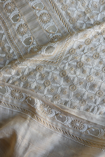 Natural Shade Tussar Silk All Over Front Chikankari Men’s Kurta Fabric