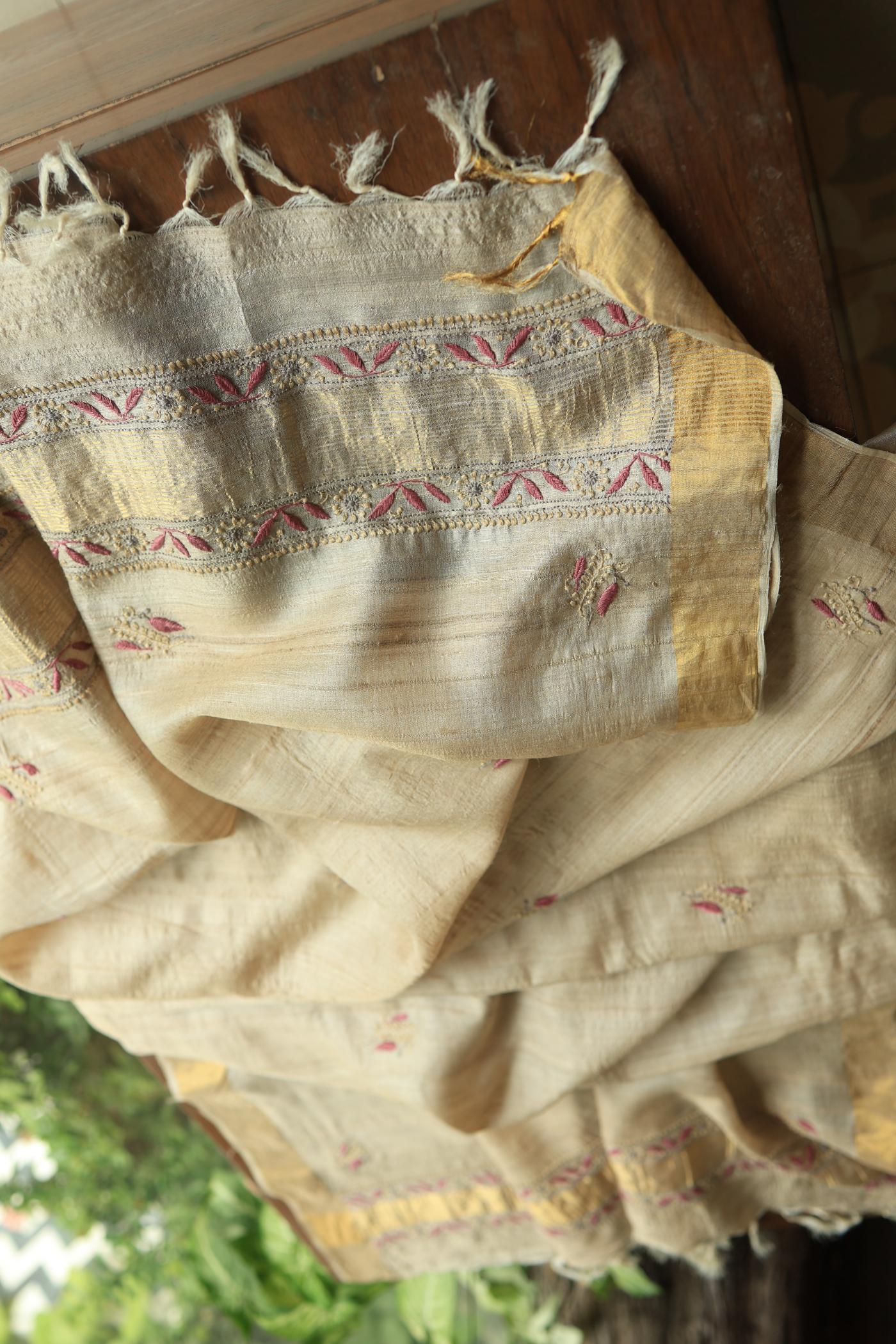 Natural Shade Tussar Silk Chikankari Fabric