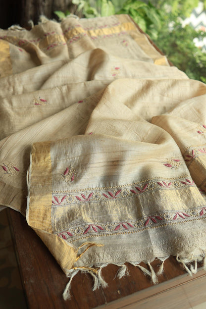 Natural Shade Tussar Silk Chikankari Fabric