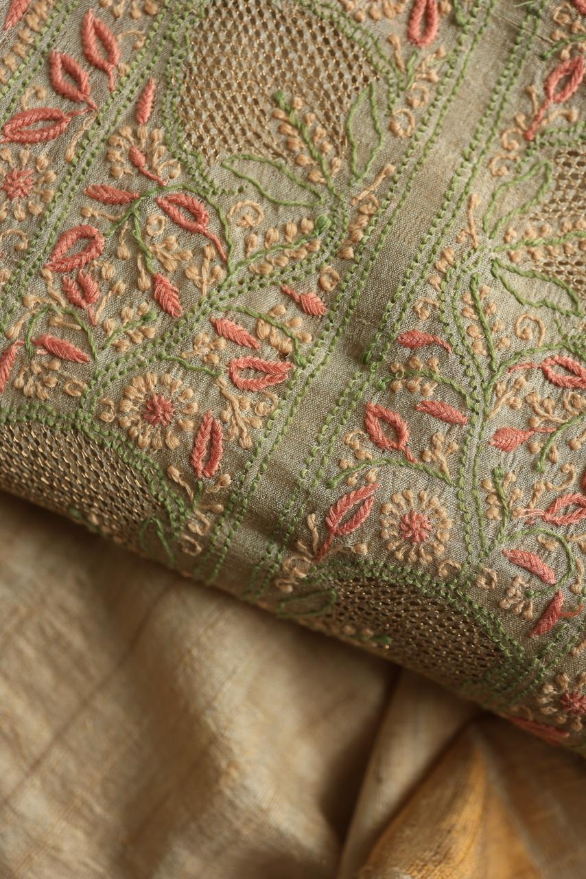 Peach & Green Natural Shade Tussar Silk Chikankari Fabric