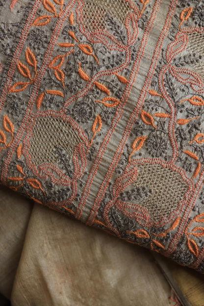 Grey & Orange Natural Shade Tussar Silk Chikankari Fabric