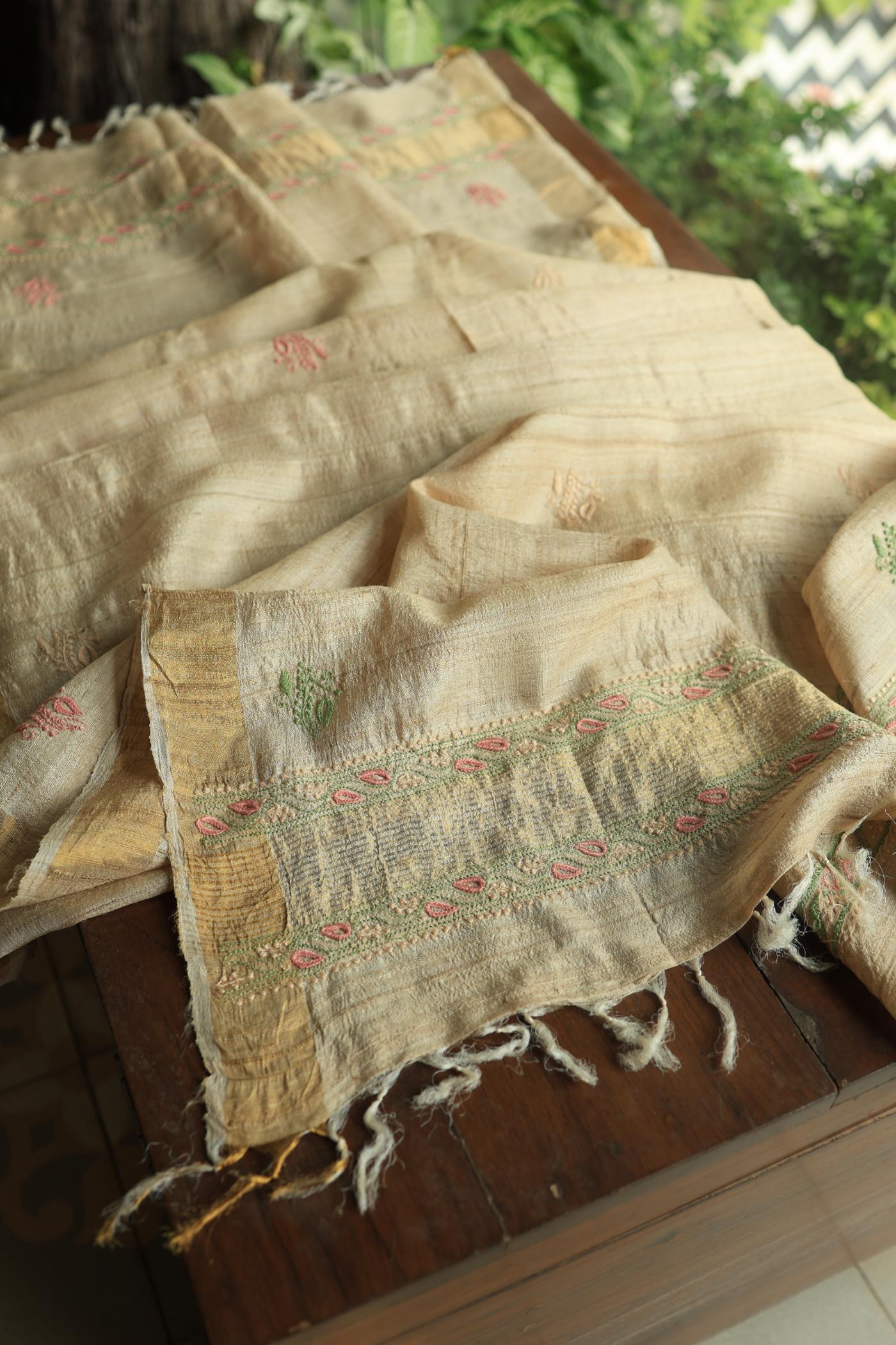 Natural Shade Tussar Silk Chikankari Fabric