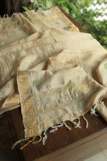 Natural Shade Tussar Silk Chikankari Fabric