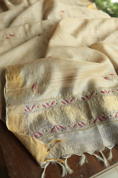 Natural Shade Tussar Silk Chikankari Fabric