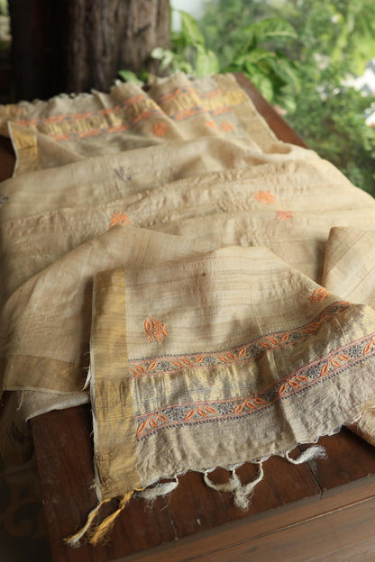 Natural Shade Tussar Silk Chikankari Fabric