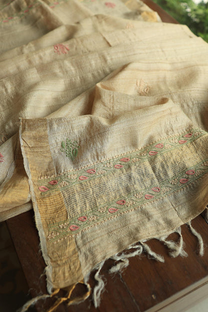 Natural Shade Tussar Silk Chikankari Fabric
