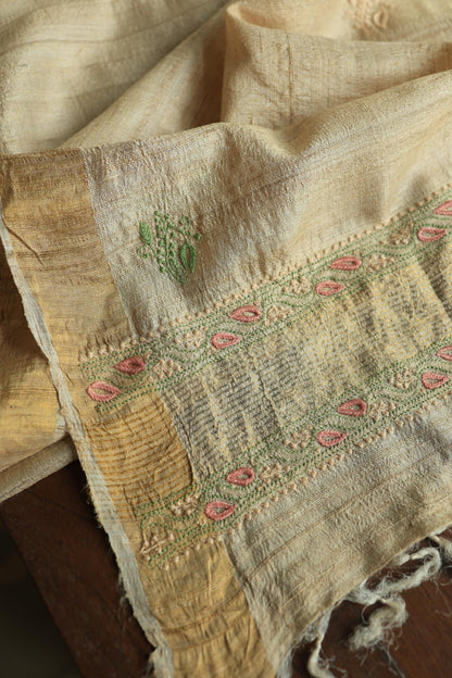 Natural Shade Tussar Silk Chikankari Fabric