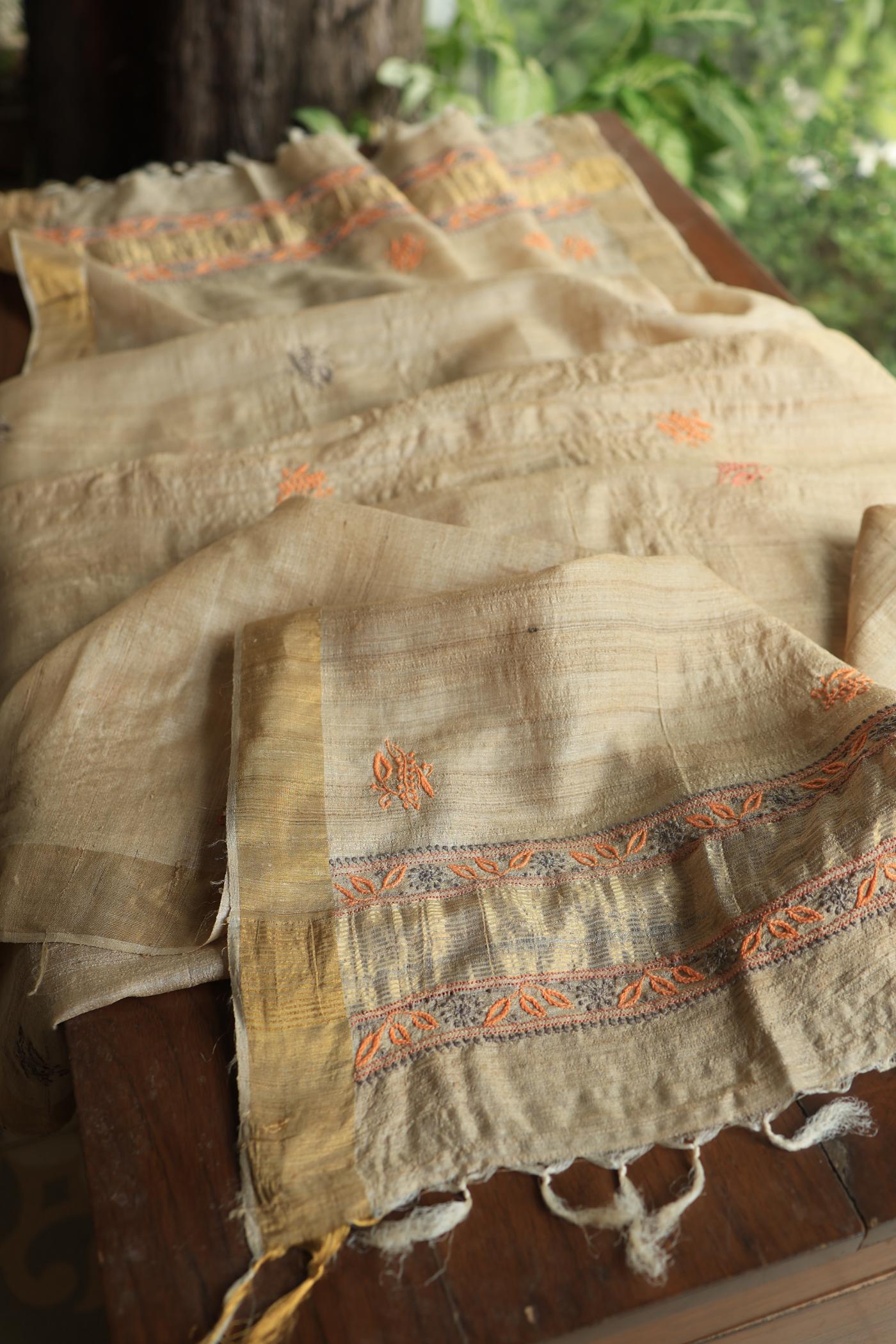 Natural Shade Tussar Silk Chikankari Fabric