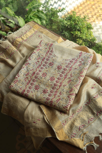 Natural Shade Tussar Silk Chikankari Fabric