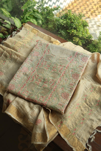 Natural Shade Tussar Silk Chikankari Fabric