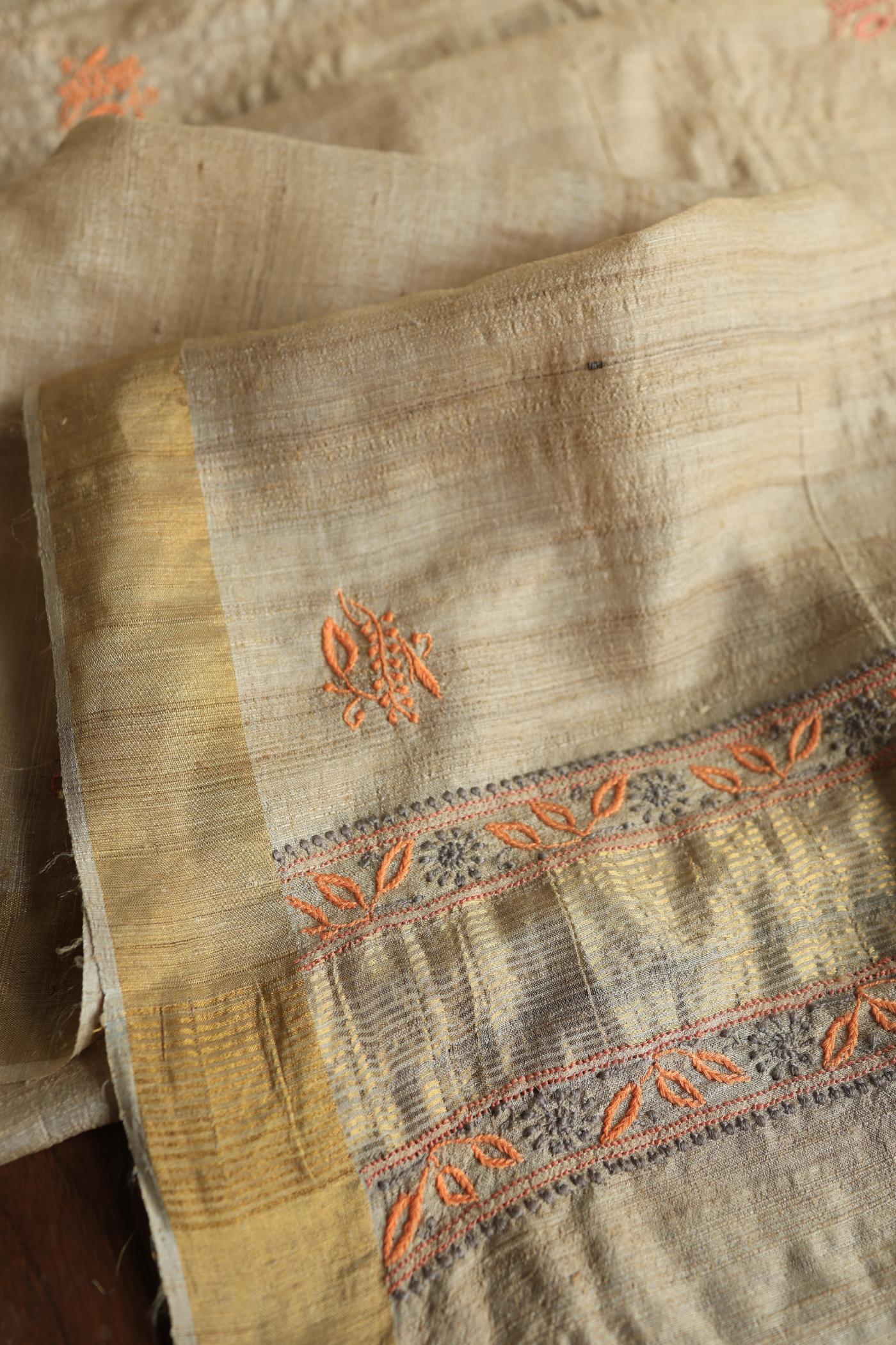 Natural Shade Tussar Silk Chikankari Fabric