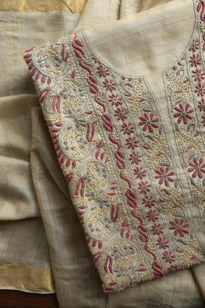 Natural Shade Tussar Silk Chikankari Fabric
