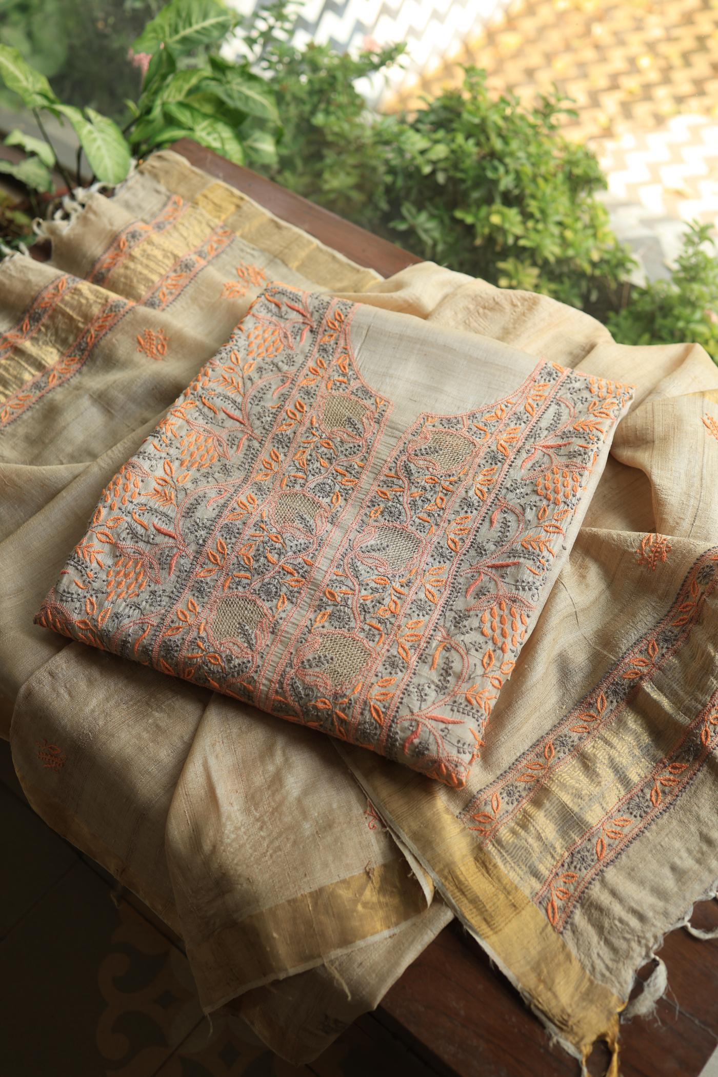 Natural Shade Tussar Silk Chikankari Fabric