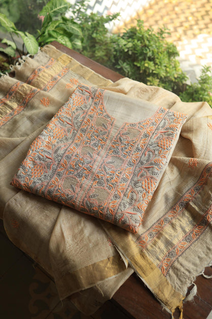 Natural Shade Tussar Silk Chikankari Fabric
