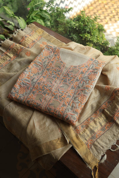 Natural Shade Tussar Silk Chikankari Fabric