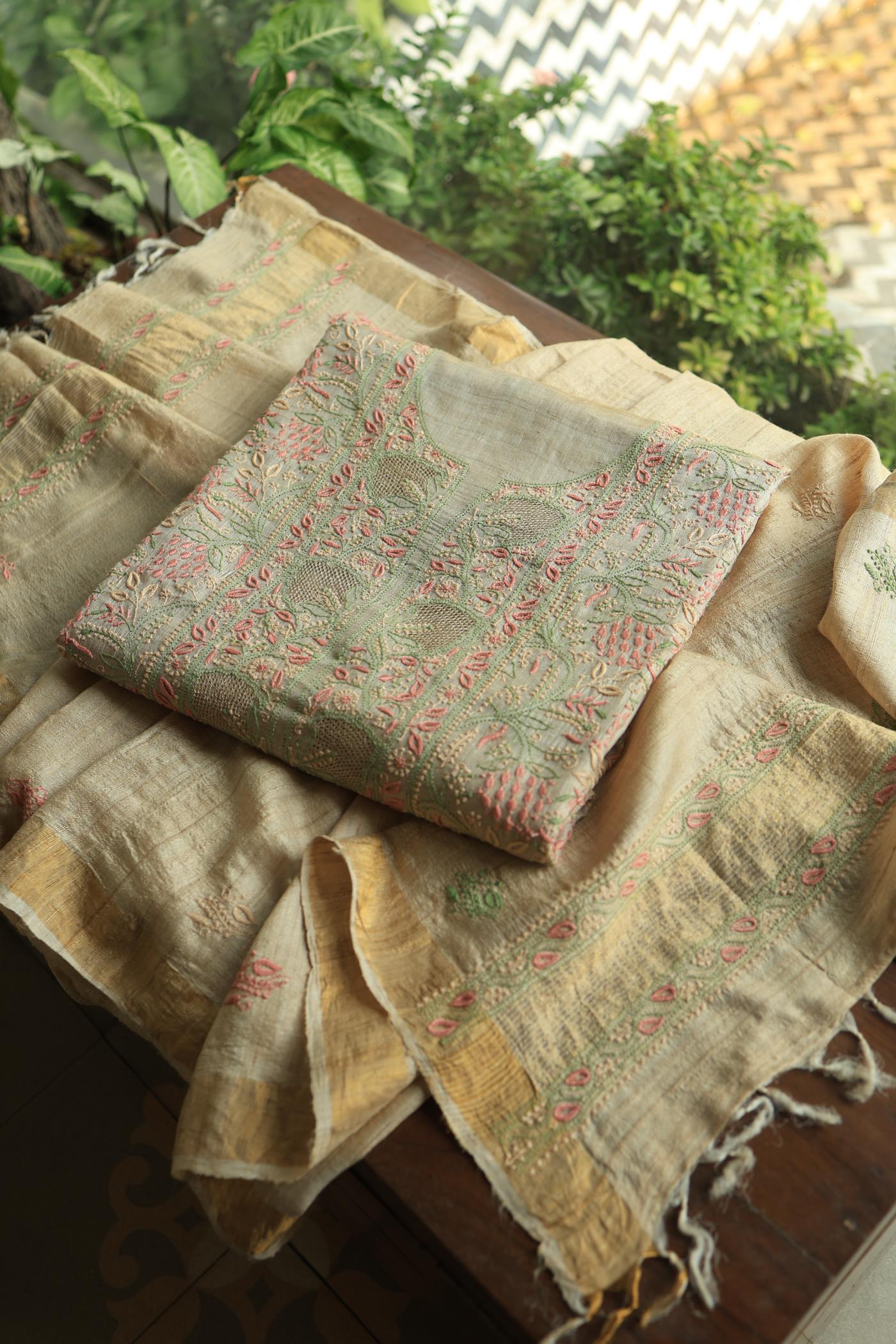 Natural Shade Tussar Silk Chikankari Fabric