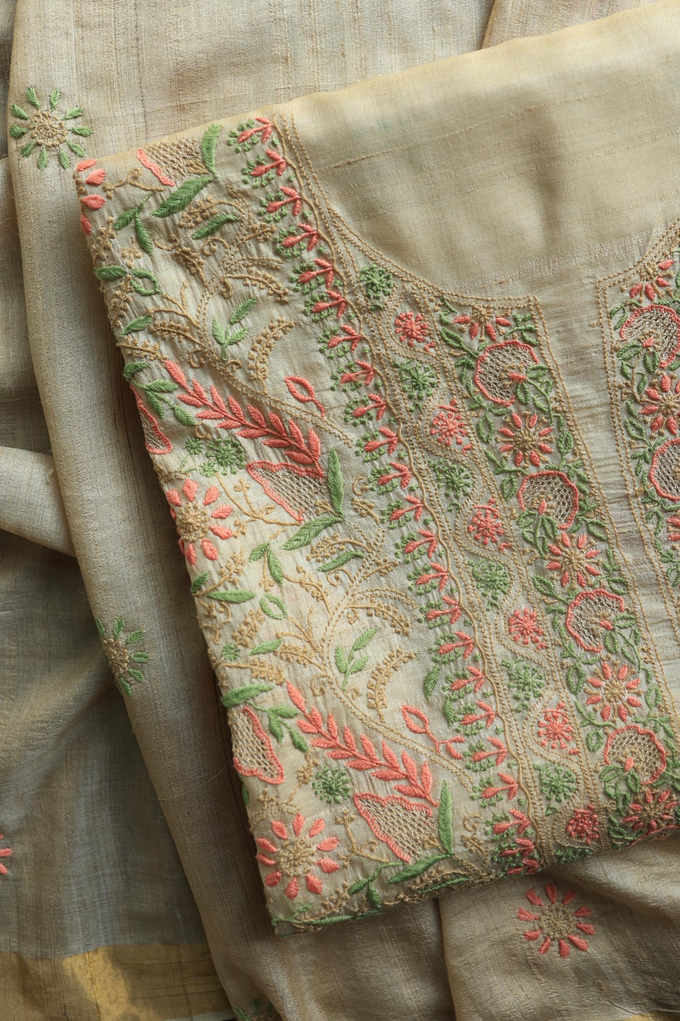Natural Shade Tussar Silk Chikankari Fabric