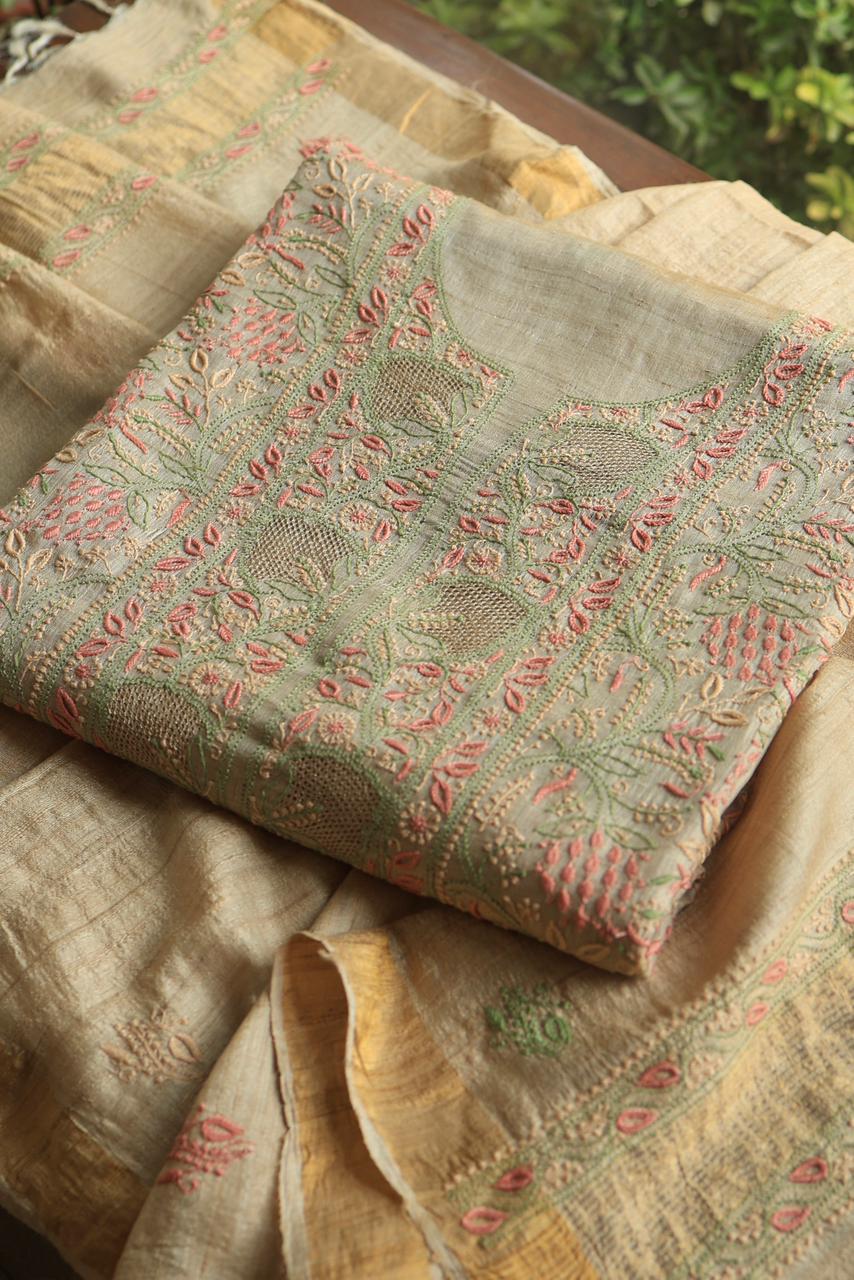 Peach & Green Natural Shade Tussar Silk Chikankari Fabric